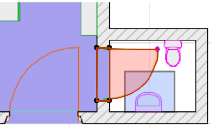 Washbasin functional space (blue region) intersects door operational space (red region). Figure: Carl Schultz, AU.