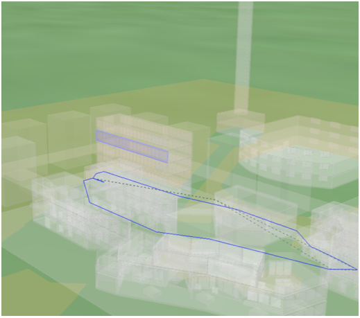 Paths through campus (blue line) interacting with shadows and sunlight (yellow region). Figure: Carl Schultz, AU.