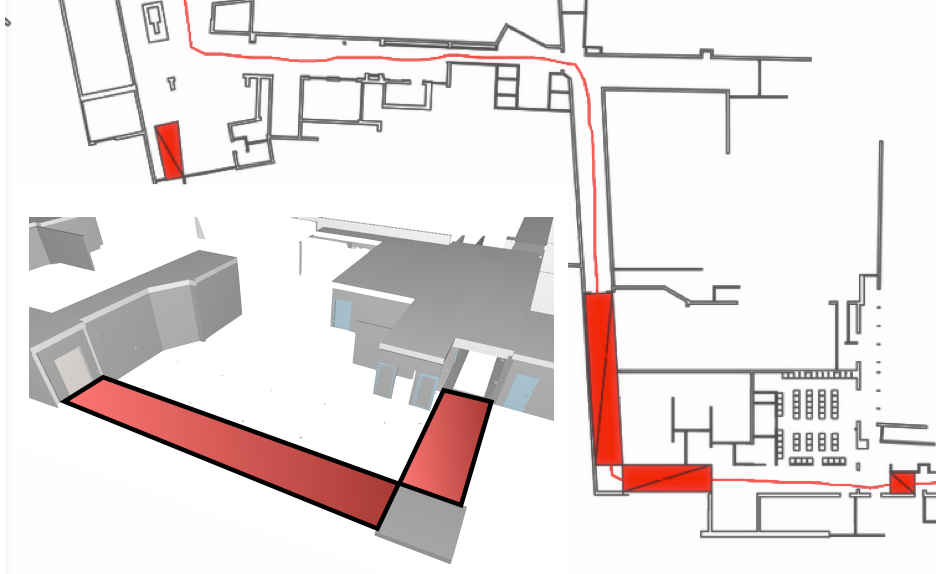 Hazards (e.g. steep ramps) on paths (red line) computed from wheelchair movement spaces. Figure: Carl Schultz, AU.